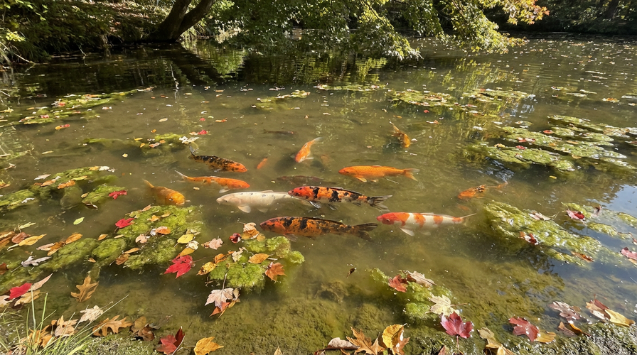 Карпы кои плавают у поверхности мутной воды среди опавших листьев