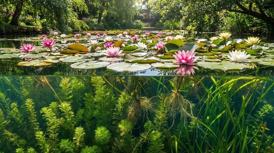 Здоровые водные растения, кувшинки с цветами в чистом пруду