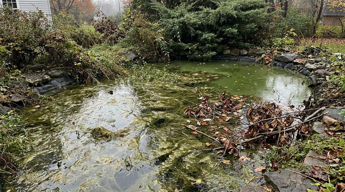 Запущенный пруд — нитчатка, мутная вода, много органики