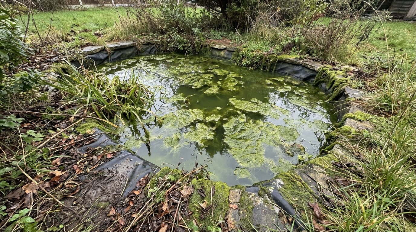 Запущенный пруд с нитчаткой и мутной водой